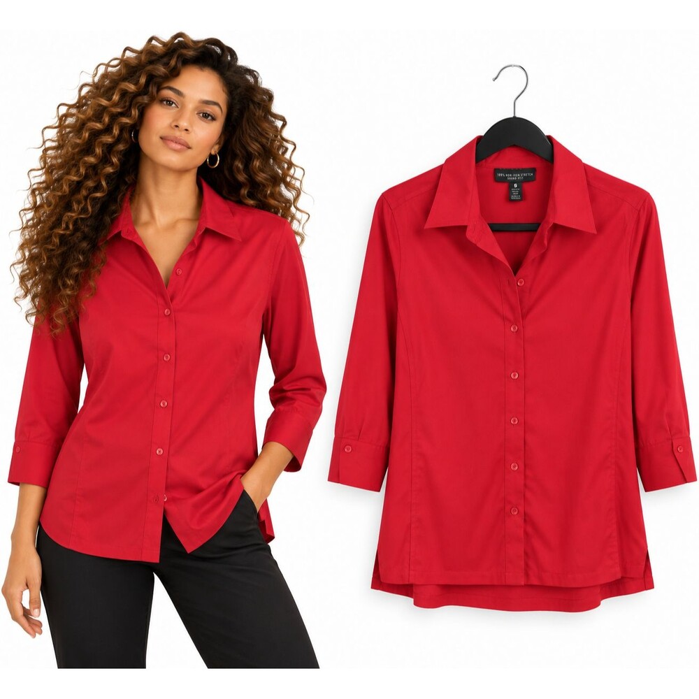 Foxcroft Non Iron Shaped Fit Top Shirt Size 6 Red Stretch 3/4 Sleeve